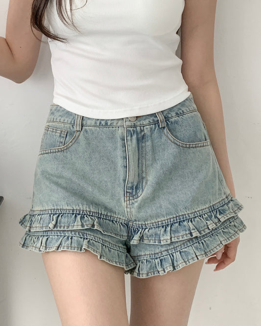Frill denim short pants