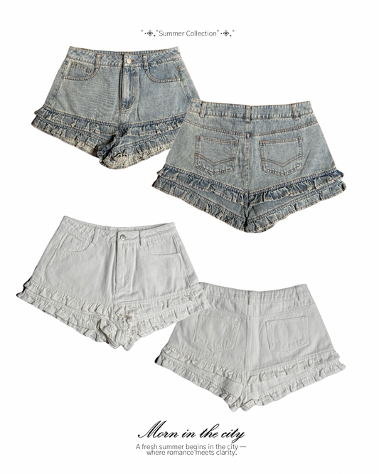 Frill denim short pants