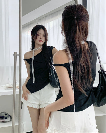 Frill denim short pants